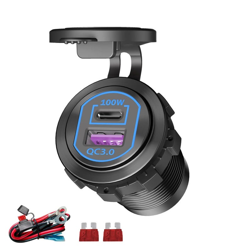 Bluejw 100W PD USB-C Car Charger & 18W QC3.0 USB-A Fast Charger - Waterproof Blue LED Car Adapter for 12V/24V Auto Truck Boat RV Yacht - Automobile Chargers - Image 1